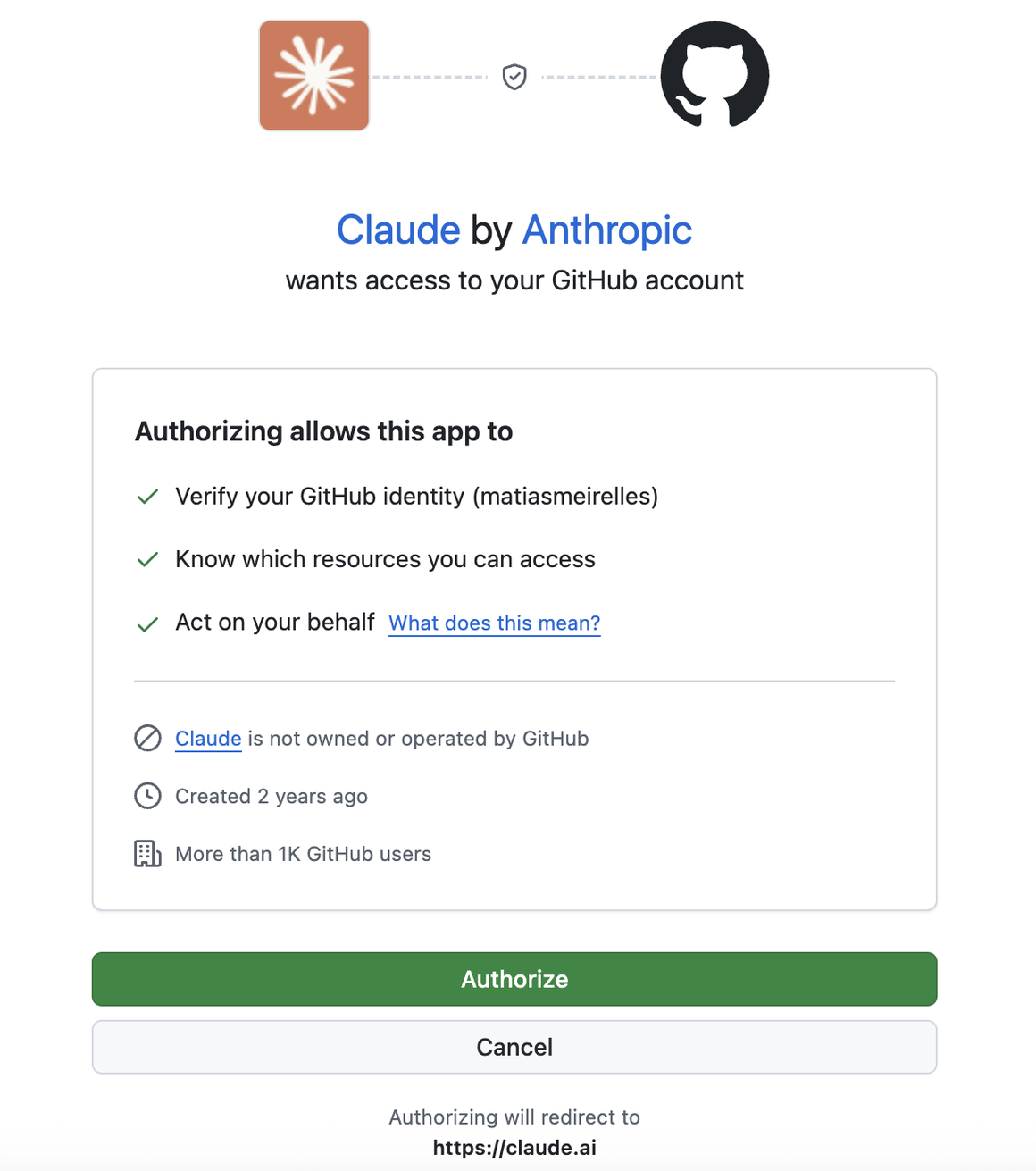 GitHub authorization page for Claude by Anthropic with green Authorize button