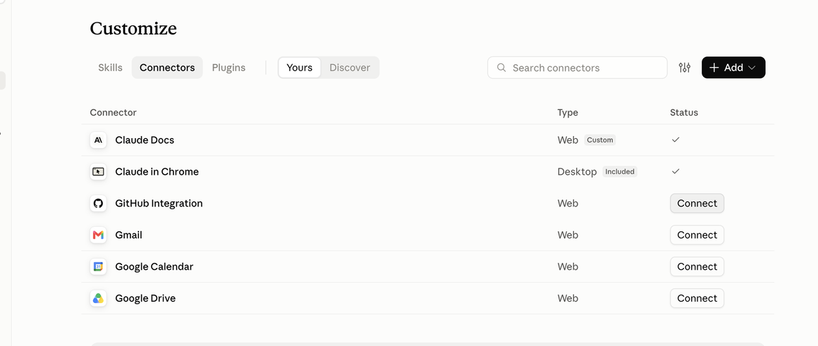 Claude Customize screen showing Connectors tab with GitHub Integration row and Connect button
