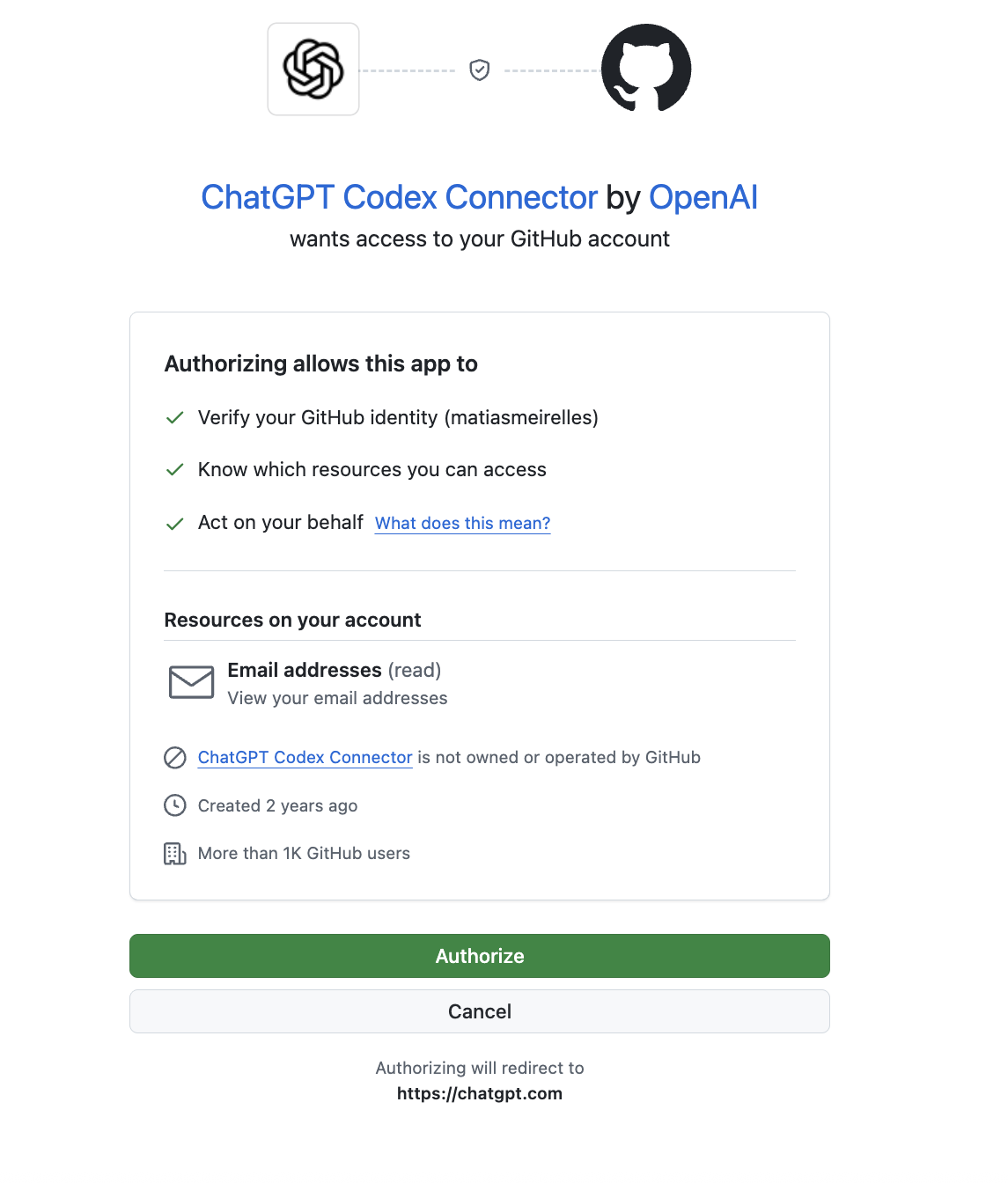 GitHub authorization page for ChatGPT Codex Connector with green Authorize button