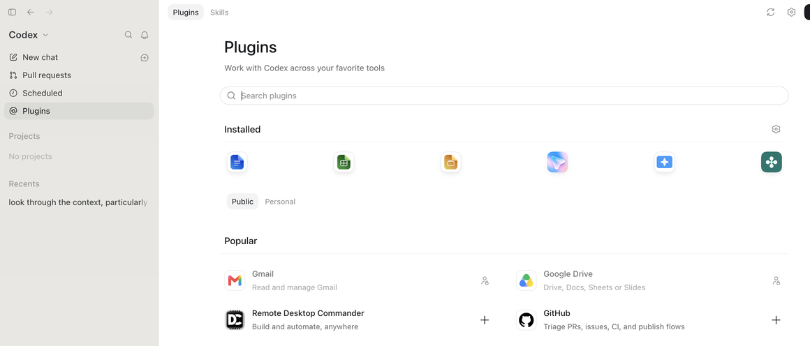 ChatGPT Codex Plugins screen with GitHub listed under Popular