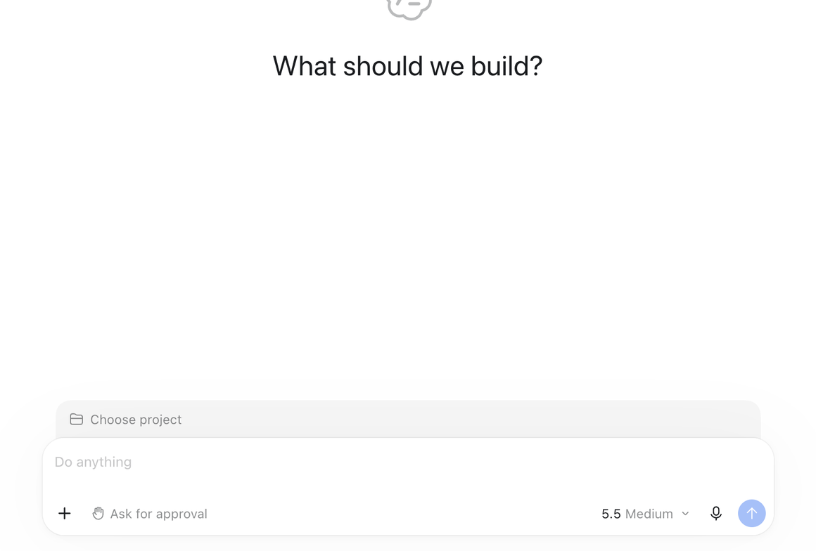 ChatGPT Codex new chat showing Choose project button above the message box